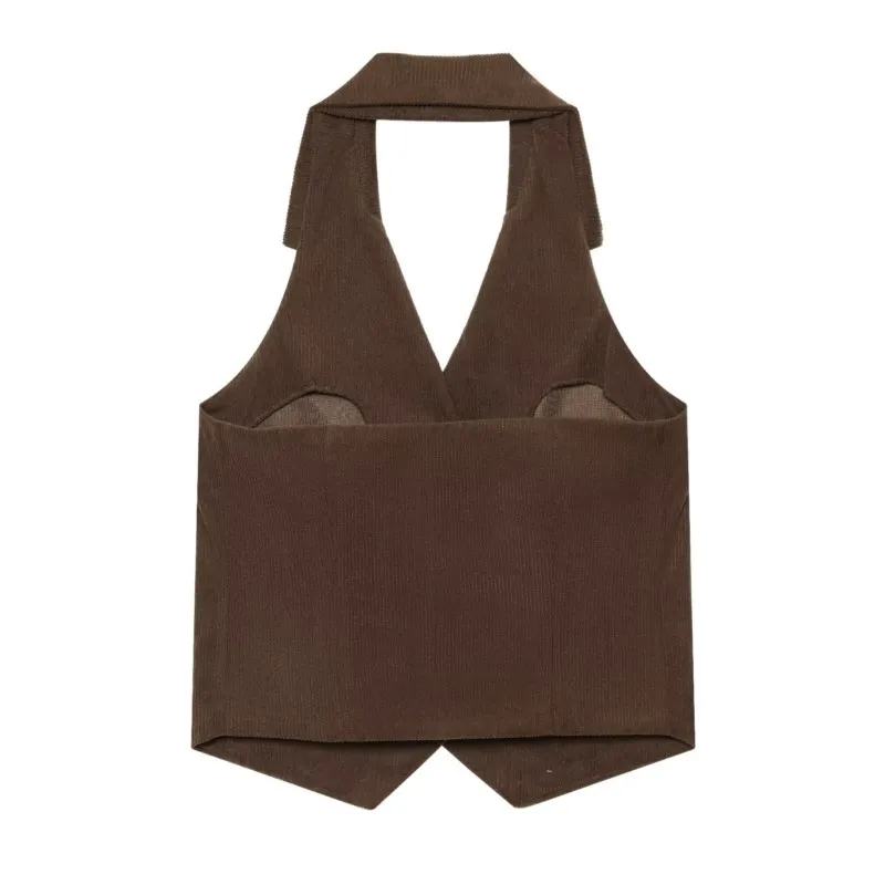 Women's Double-breasted sleeveless halterneck vest Corduroy Top with Buttons New 2026 Summer Sexy Backless V Neck tops
