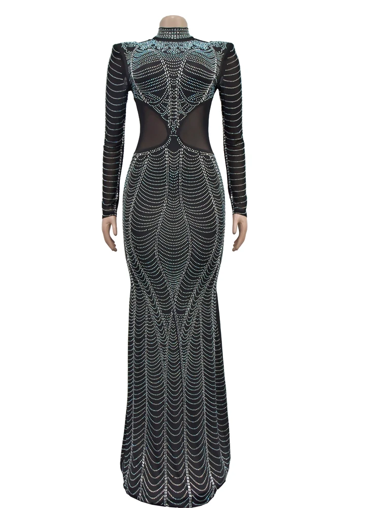 Mesh Hot Diamond Long Dresses Solid Color Long Sleeved Elegant and Beautiful Women\'s Dresses Black Round Neck Female Clothing