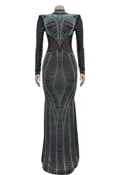 Mesh Hot Diamond Long Dresses Solid Color Long Sleeved Elegant and Beautiful Women's Dresses Black Round Neck Female Clothing