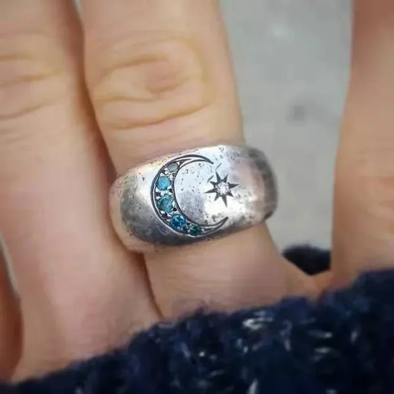 Exquisite Fashion Sun Moon Rings for Women Vintage Silver Color Inlaid Blue Stones Engagement Wedding Ring Jewelry