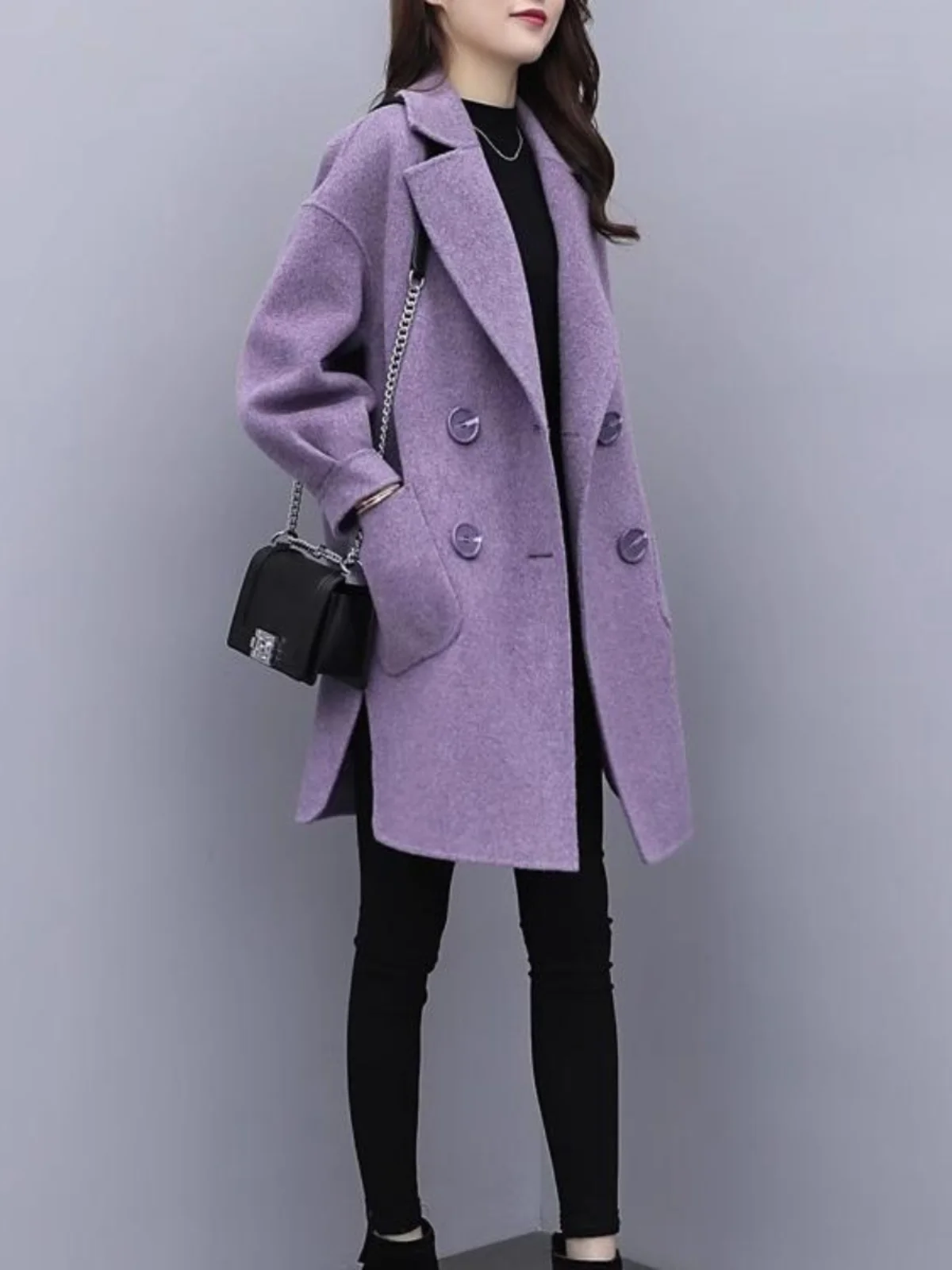 معطف صوفي بنفسجي نسائي خريف وربيع 2024 نسخة كورية جديدة متوسط الطول بأكمام فانوس