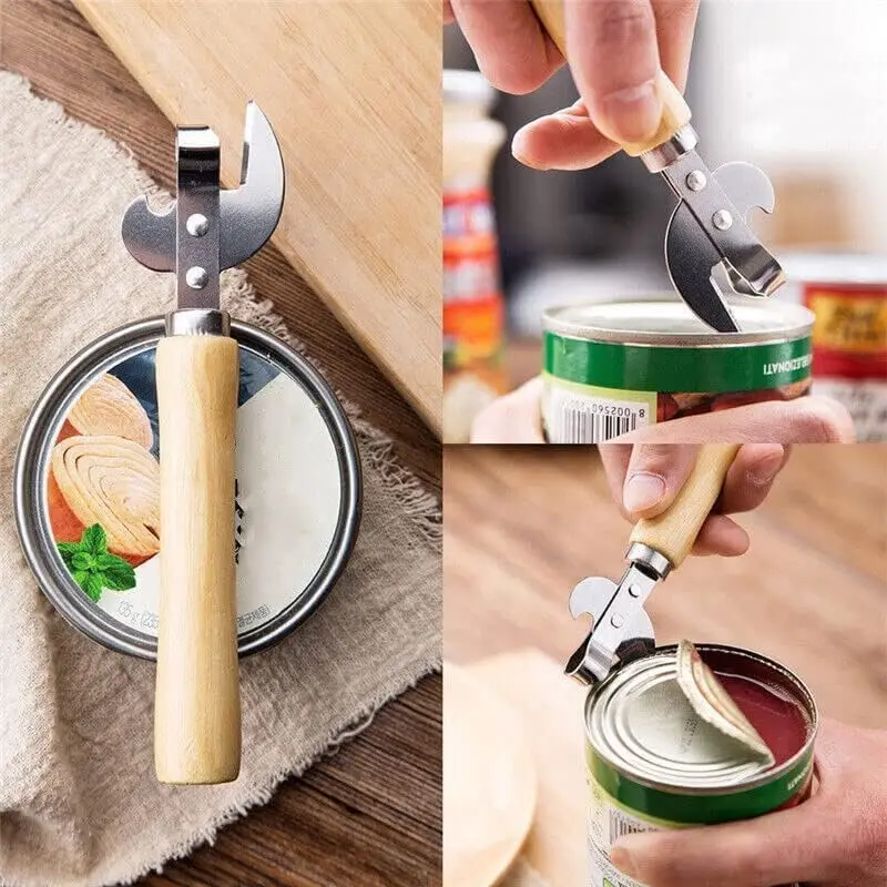 Can Opener, Multi-Functional Bottle Opener, Stainless Steel Wooden Handle Can Opener, Suitable for Cans, Screwdrivers, Evaporated Milk Cans, Beer
