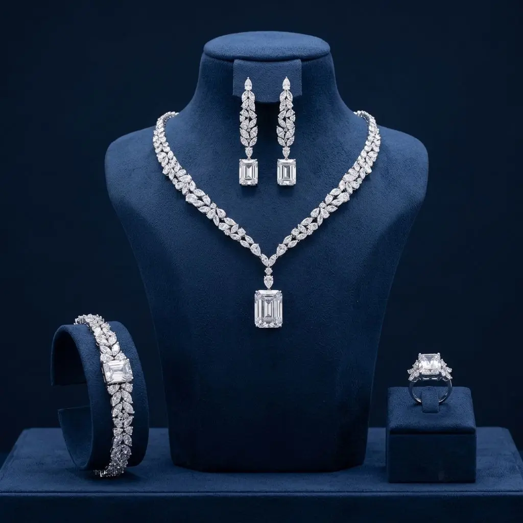 Bride Talk Luxury Emerald Cut Zircon 4Pcs Jewelry Set Elegant Marquise Leaf Bridal Wedding Accessories for Women Party Wear
