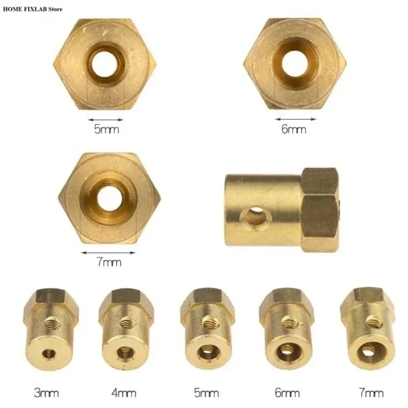 Rigid Brass Motor Shaft Coupler 2-8mm Hex Coupling Standard 12mm Wheel Hub Adapter Combo Kit with Screws for Smart Hobby Car