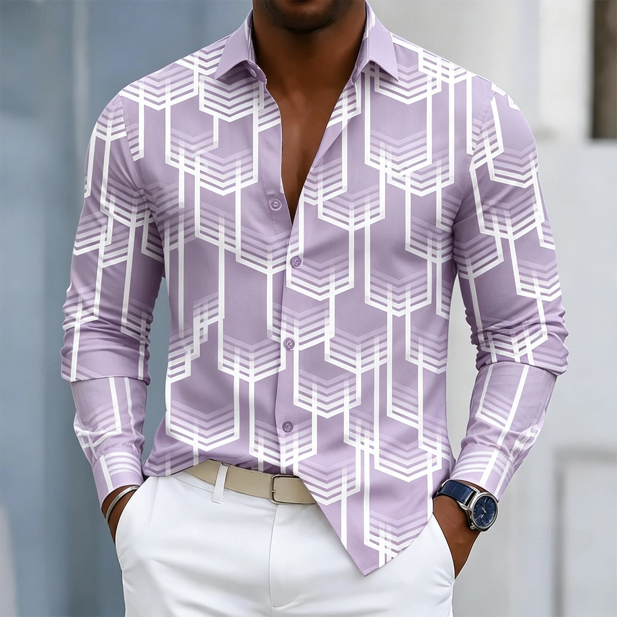 Men's Long-Sleeve Shirt with Geometric Angular Lines-Linear Collar-Urban Trendy Business-Casual Top