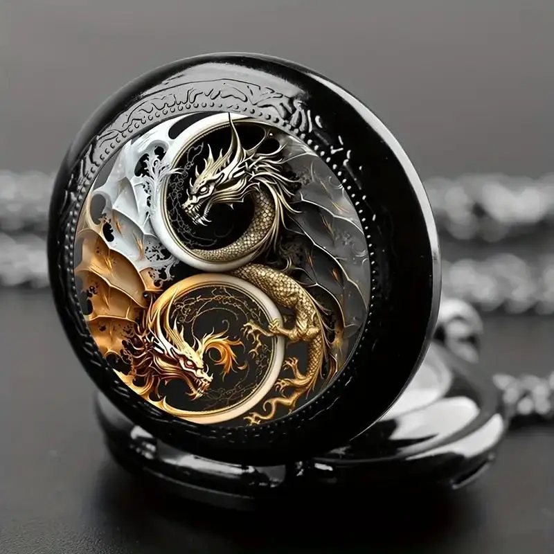 Orologio da tasca al quarzo con doppio drago rosso con vetro di cristallo-orologio Majestic Dragon