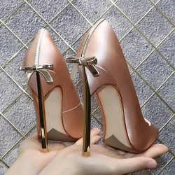 Spring and summer new pointed shallow patent leather satin bow shoes metal thin high-heeled banquet dress small size women shoes