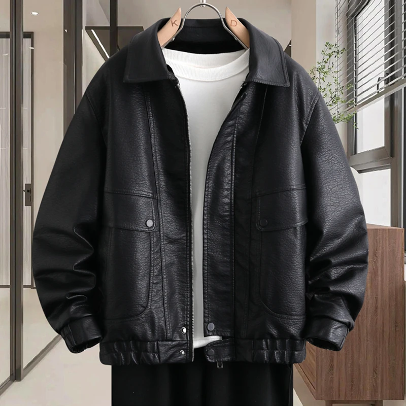 Casual Winter Men's Thicken Fleece Faux Leather Jackets Youth Streetwear Slim Fit Plush Coats Solid Windproof Warm Tops Parkas