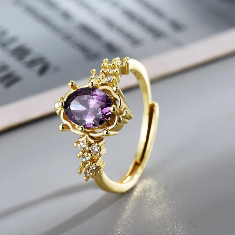 Oval Cut Amethyst Open Adjustable Ring Vintage Ornate Crown Bezel Cluster Pave Accent CZ Gold Plated Elegant Women Jewelry Gift