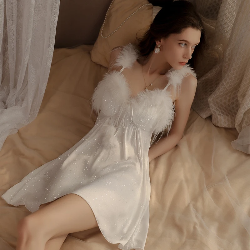 

Glitter Silver-sprinkling Feather Sexy Adult Lingеrie Night Dress Woman Nightgowns Babydooll Nightwear Women sleepwear Female