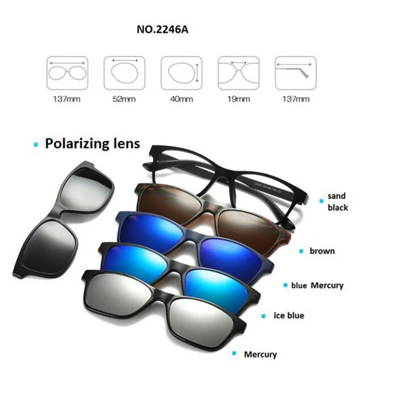 Fashion Myopia Clip Sunglasses Men Women With 5 Clip On Sunglasses Polarized Prescription Glasses 0 -1 -1.5 -2 -2.5 -3 -3.5 -4.0