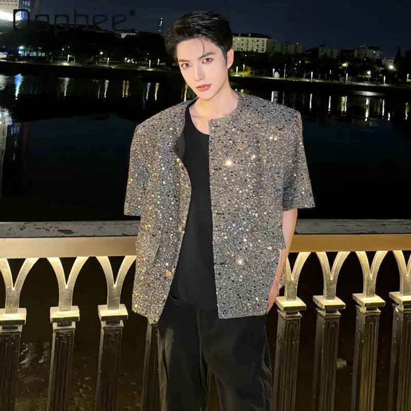 Summer Men Shiny Sequin Short Sleeve Blazer Silver No Collar Loose Stage Nightclub Performance Open Front Jacket