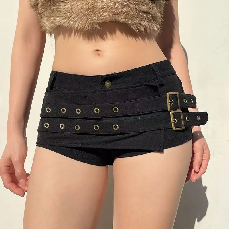 American new dark style belt design low-waisted shorts for women fashion personality trendy retro hip-hop slim shorts