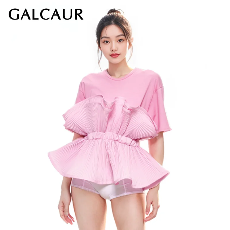 

GALCAUR Solid Spliced Ruffles T Shirt For Women O Neck Short Sleeve Pleated Temperament Tunic T Shirts Female Fashion Clothes