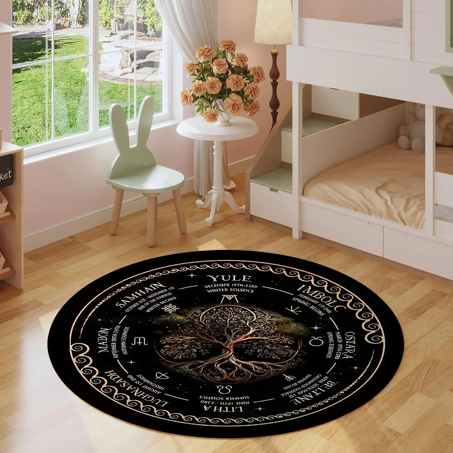 Mystical Tree of Life Round Rug with Moon Phases Non-Slip Carpet for Entryway Bedroom Meditation Space Home Decor Floor Mat