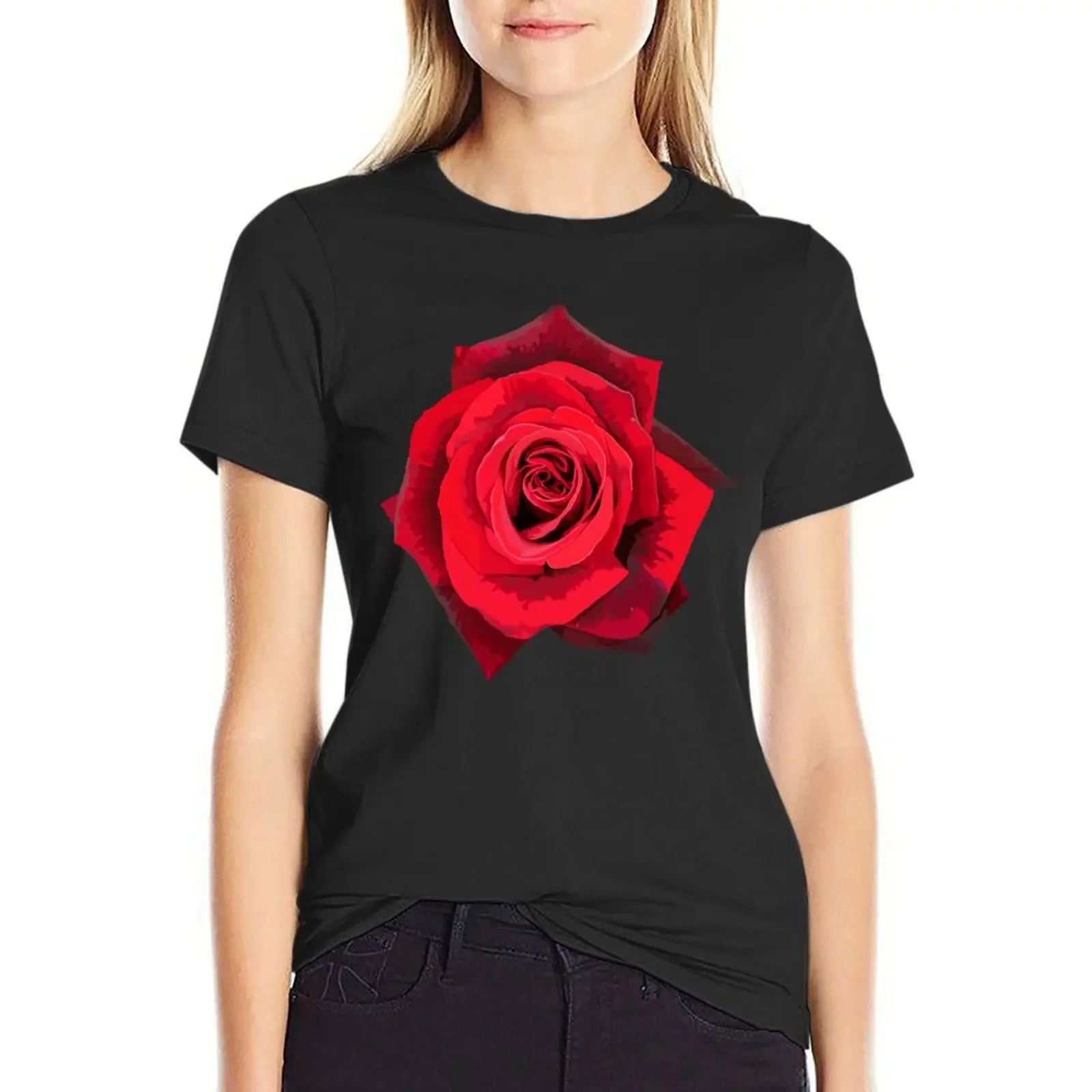 

Red Rose T-Shirt customs Aesthetic clothing summer top Short sleeve tee graphic t-shirts for Women