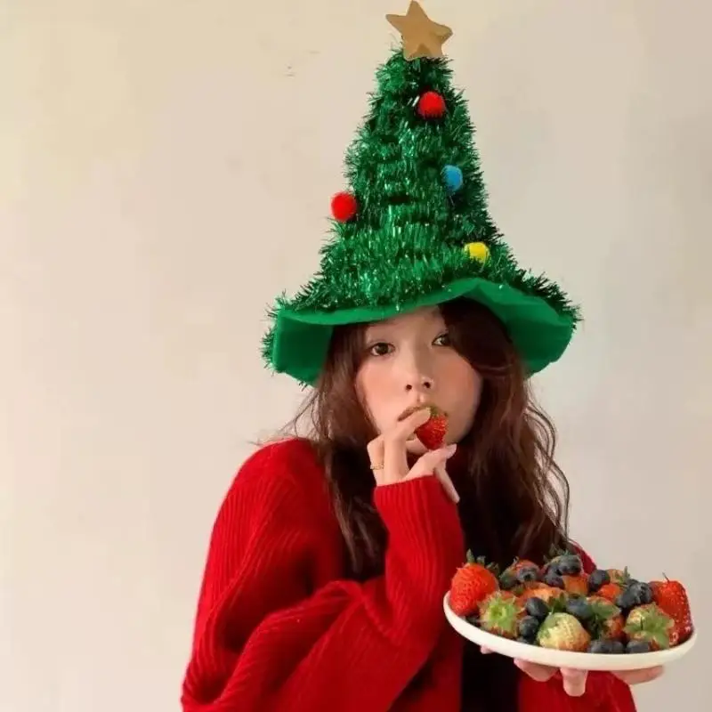 1 Stück Weihnachtsbaum-Form-Hut, rot/grün/silbrig, für Erwachsene und Kinder, lustige Weihnachtsmütze mit Lametta, Weihnachten, Urlaub, Party, Kostüm, Neujahrsdekoration