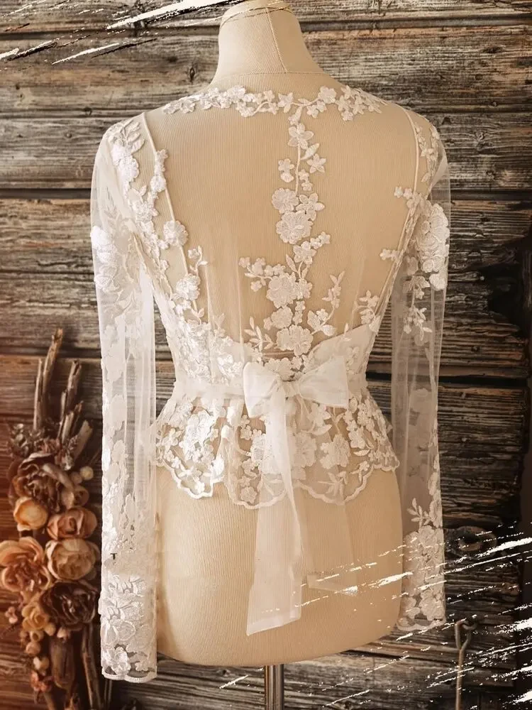 Lace V Neck Wedding Jacket Bolero Long Sleeves Bridal Wrap Appliques Bride Shawl Top Customized image 2