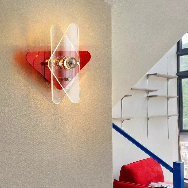 Bauhaus Rotundity/triangle Red Carbon Steel Wall Lamps Transparent Acrylic Light Living Room Bedroom Corridor Restaurant Sconces