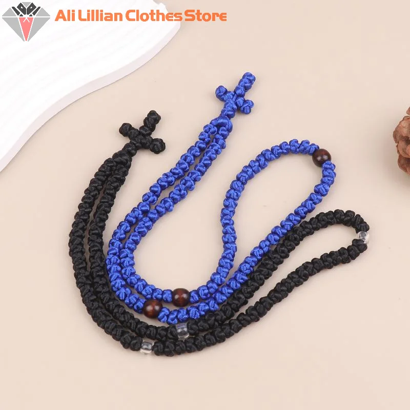 Hot Sale 1PCS Rope Black/Blue Komboskini Knot Necklace Handmade Orthodox Religous Rosary Prayer Rope Cross Jewelry Gift