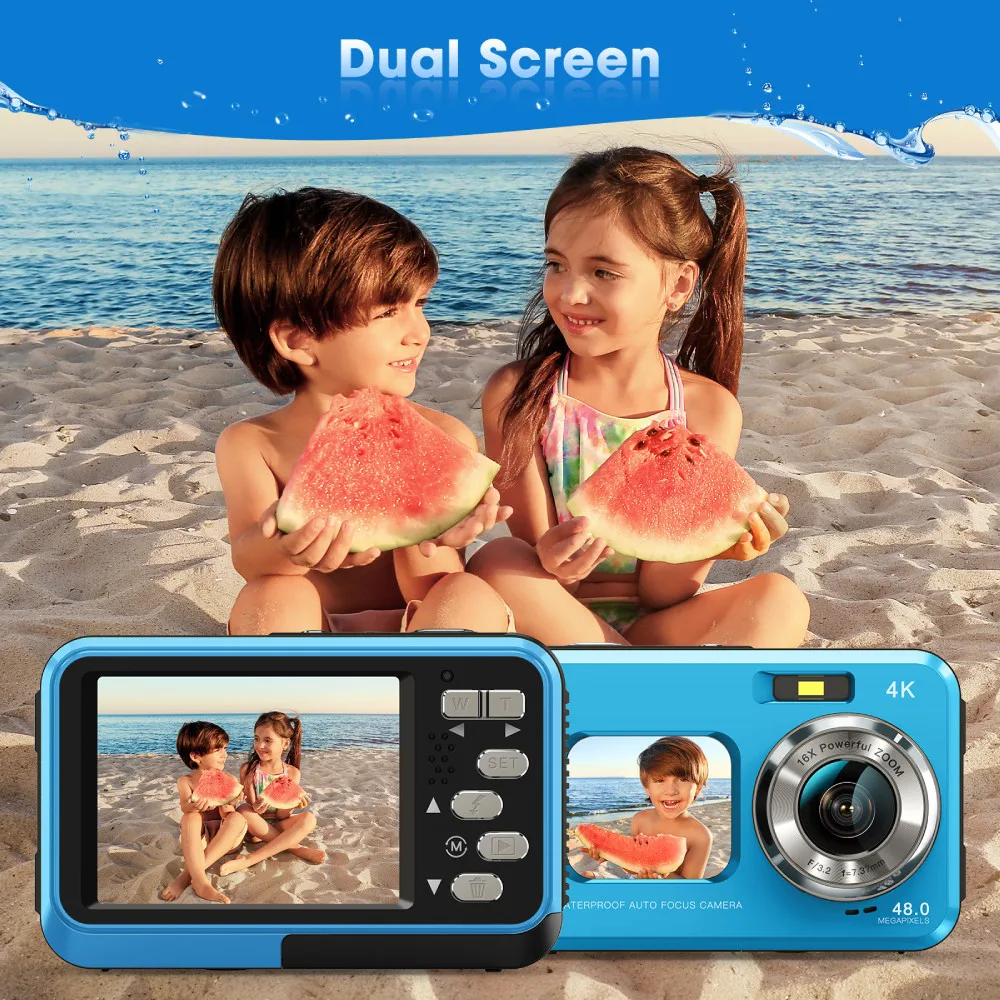 Câmera subaquática 4k, câmera à prova d'água de 11 pés com cartão de 64gb, 48mp, autofoco, tela dupla, selfie, câmera subaquática para mergulho com snorkel
