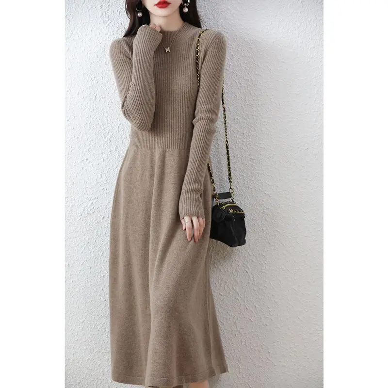 Wool Dress Long Cashmere Waist Over Knee Knit Sweater Skirt Elegant and Fashionable Women's Clothing in Autumn and Winter