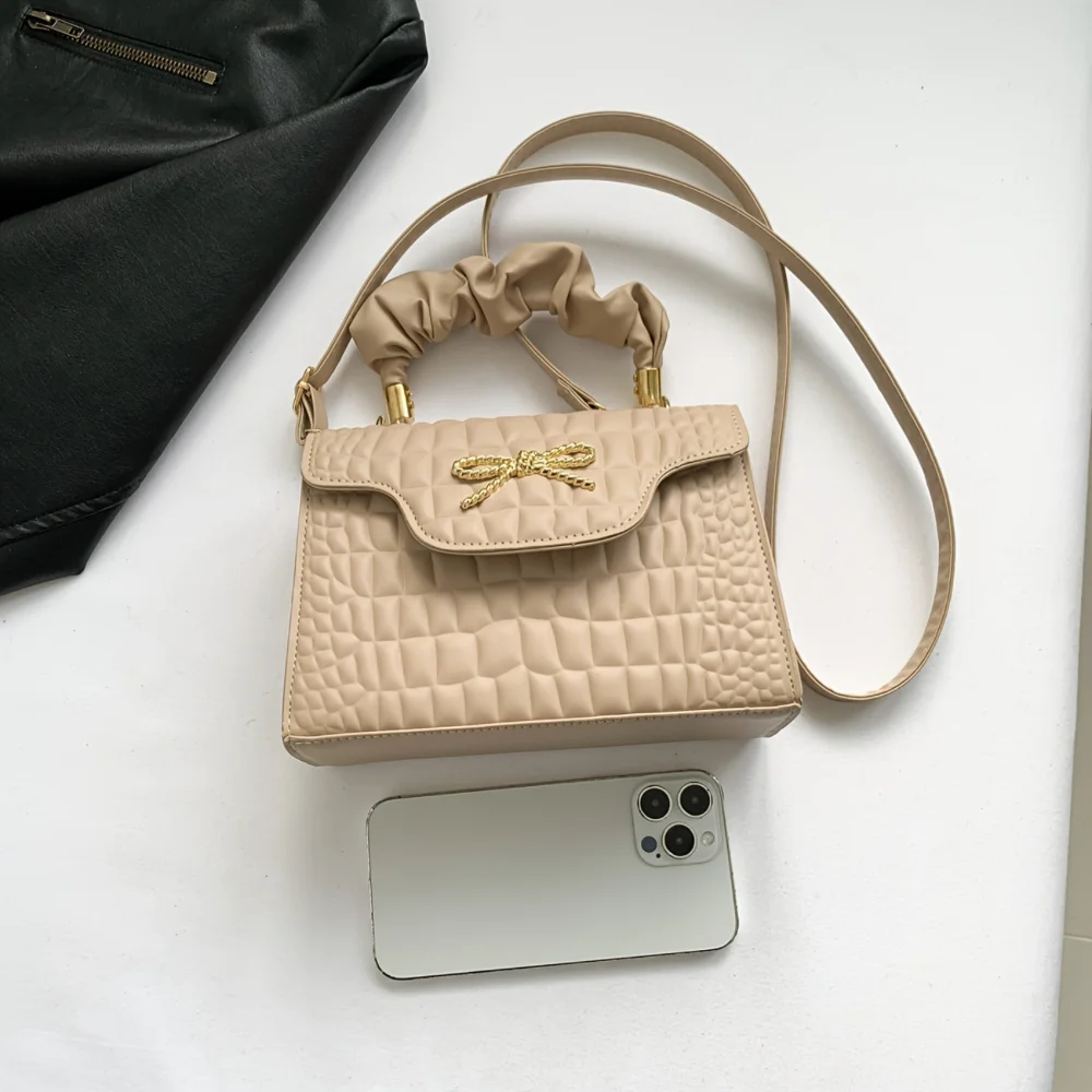 Crocodile Pattern PU Handheld Small Square Bag with Bow Flap - Fashionable Shoulder Crossbody Bag