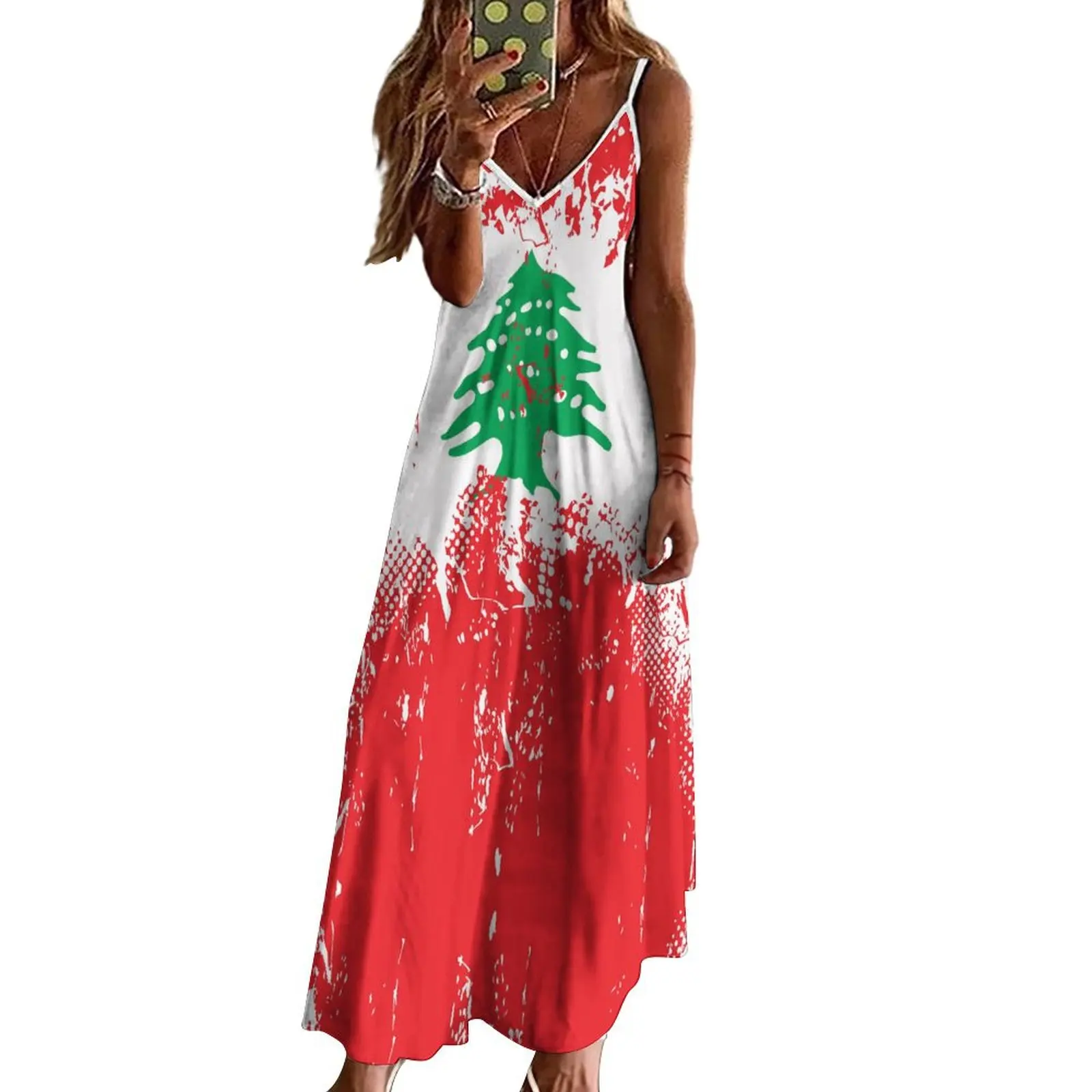 Long Dresses Dress Lebanon Flag Print New Casual Sleeveless Women\'s V-Neck Printed Dress Swing Retro Dresses