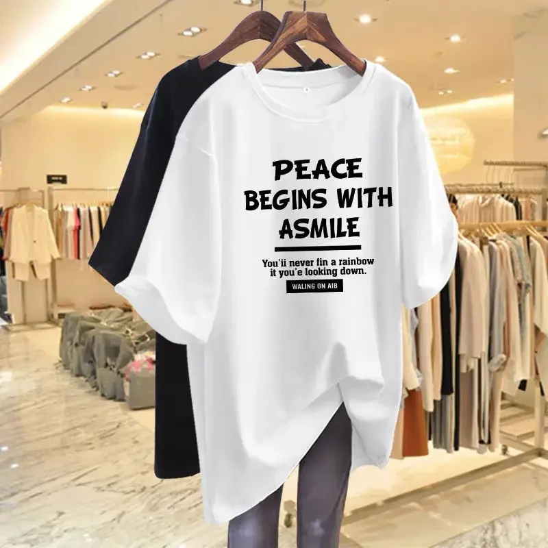 

Women's Casual Loose Tops, O-neck Basic CottonT-shirt, Short Sleeve, All-match, Letter Printed, Solid Tees, Summer
