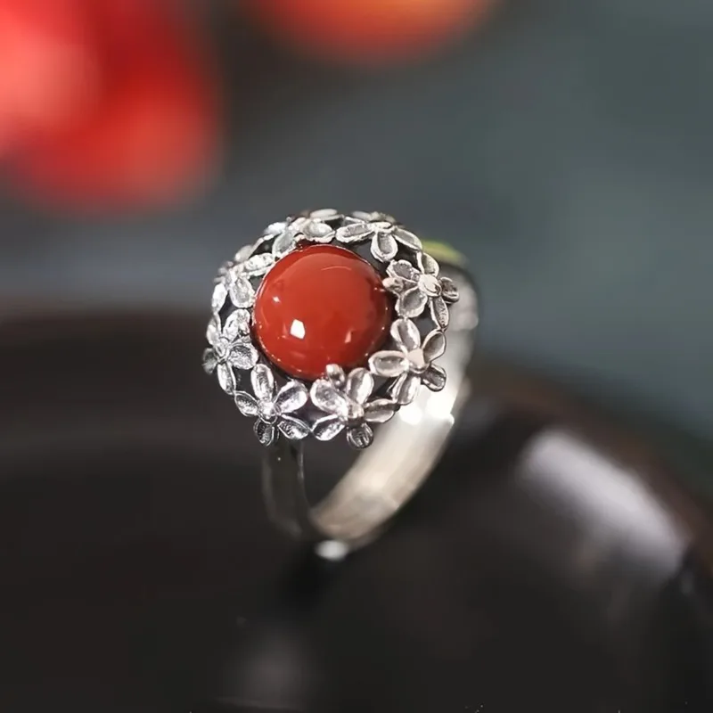 Vintage Ethnic Flowers Set with Imitation Onyx Garnet Ring Women's Elegant Classical Court Style Jewellery Holiday Party Gift image 4