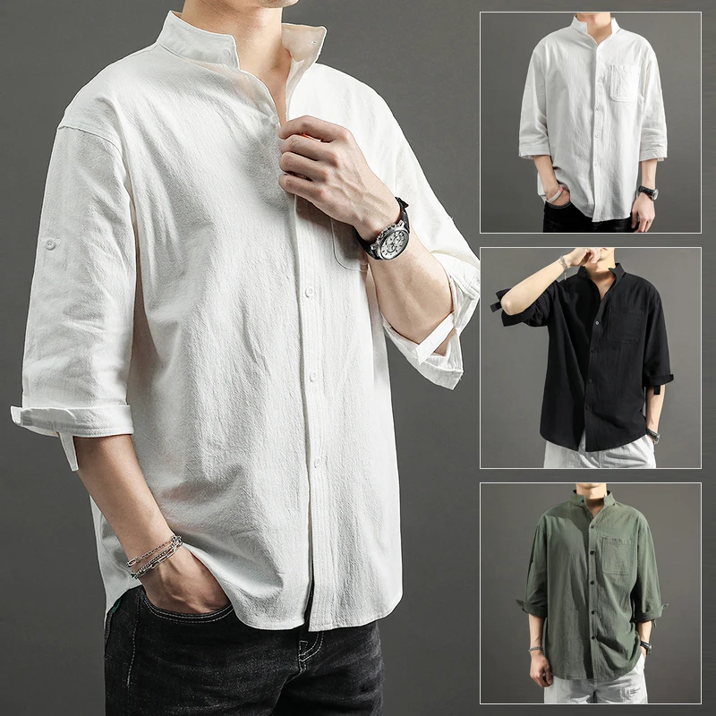 

Summer Linen Short Sleeve Shirt Casual Stand Collar Seven Sleeve Cotton Linen Thin Sun Protection Men's Loose Fit Youth Style