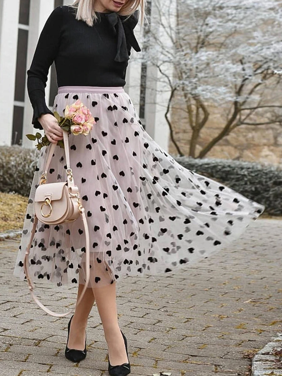 Mulheres adoram estampa Saias de tule, Tutu Tule, elástico, cintura alta, estampa floral, sobreposição de malha, em camadas, linha A Midi, dia dos namorados