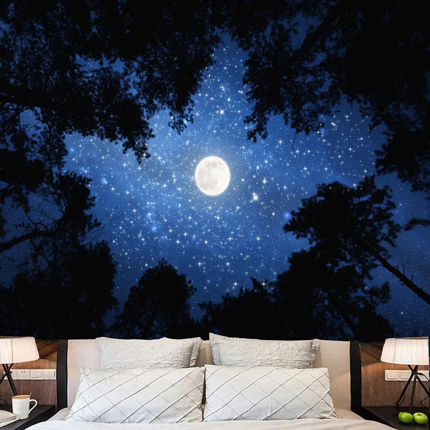 Forest Galaxy Starry Tapestry Blue Space Night Sky Stars Moon Ceiling Tapestry Nature Trees Tapestries Aesthetic Wall Hanging