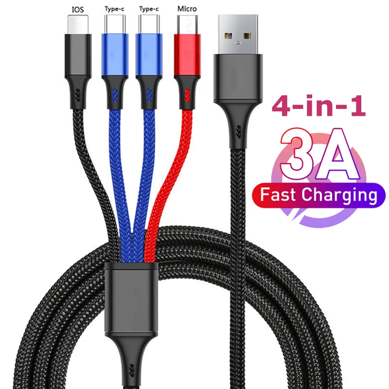 4 in 1 3 in 1 USB Fast Charging Cable 3A Multi Charger Cable Micro USB Type C Cable For iPhone Macbook Samsung Huawei