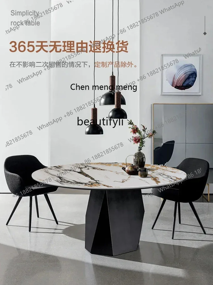 cc182Italian light luxury rock slab dining table with turntable round dining table and chair combination round dining table R