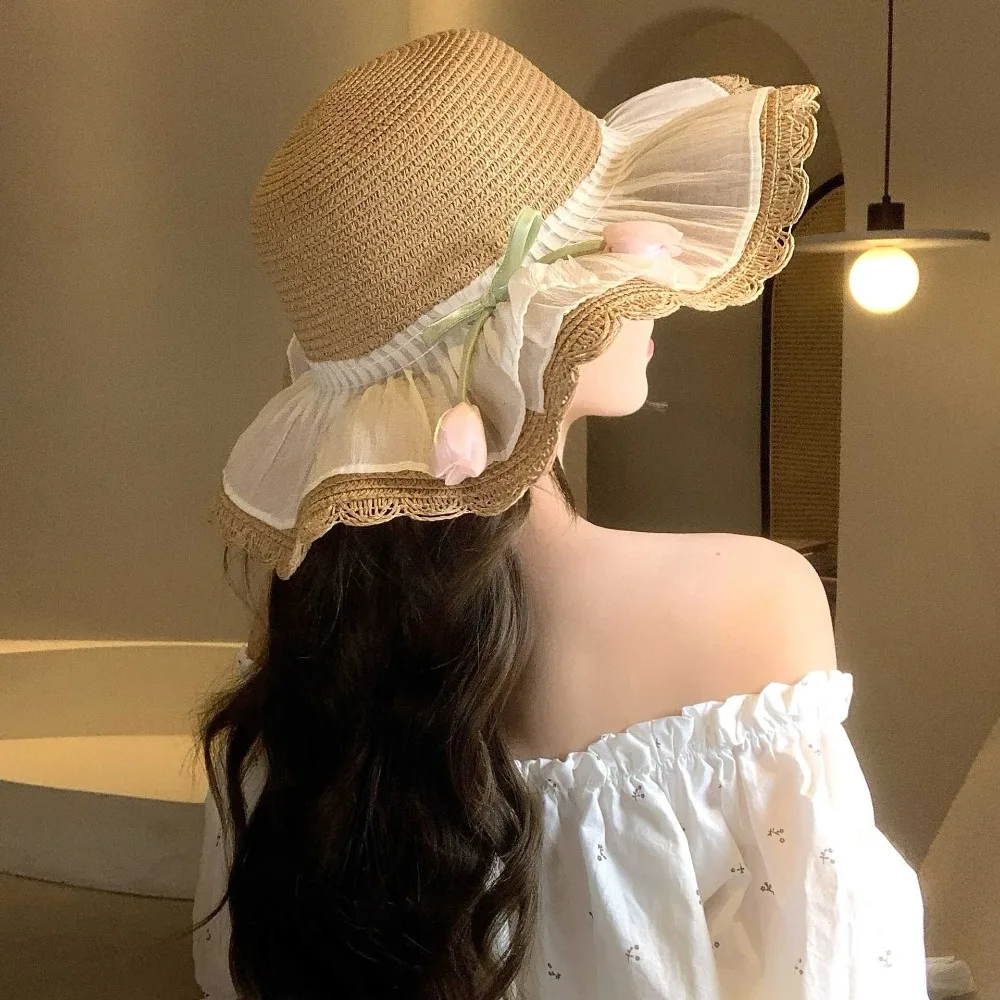 

Fashion Sweet Lace Tulip Sun Hat Korean Style Flat Top Straw Woven Hat Wide Brim Elegant Bow Sunscreen Hat Beach