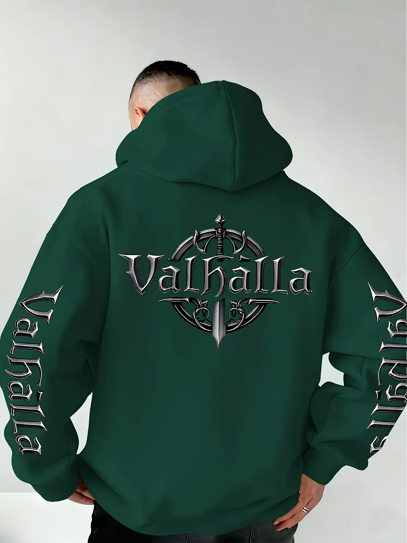 Unisex Hoodie Valhalla Viking Sword Totem Back And Sleeve Print Casual Streetwear Loose Pullover Hooded Sweatshirt Autumn Winter
