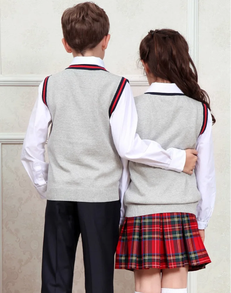 Trui Fabriek Custom Kids School Uniform Gebreide Vest Mouwloos Vest Bulk Schooluniformen Gray Kinderen Lange Mouwen 100% Katoen