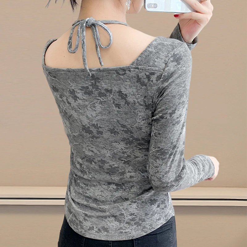 Fall,Winter,New,European,Clothes,T-Shirt,Chic,Sexy,Watercolor print,Hollow out,Women,Tops,Long Sleeve,Bottoming Shirt,Tees,58047