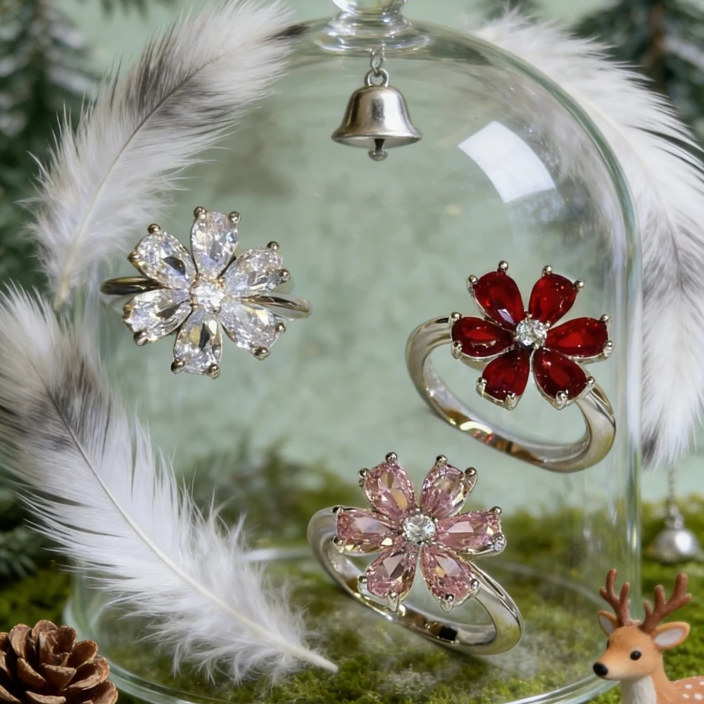 

Trendy 2026 Euro American Pigeon Blood Red Sunflower Full Diamond Ring Small Unique Design for Women Fashion Jewelry