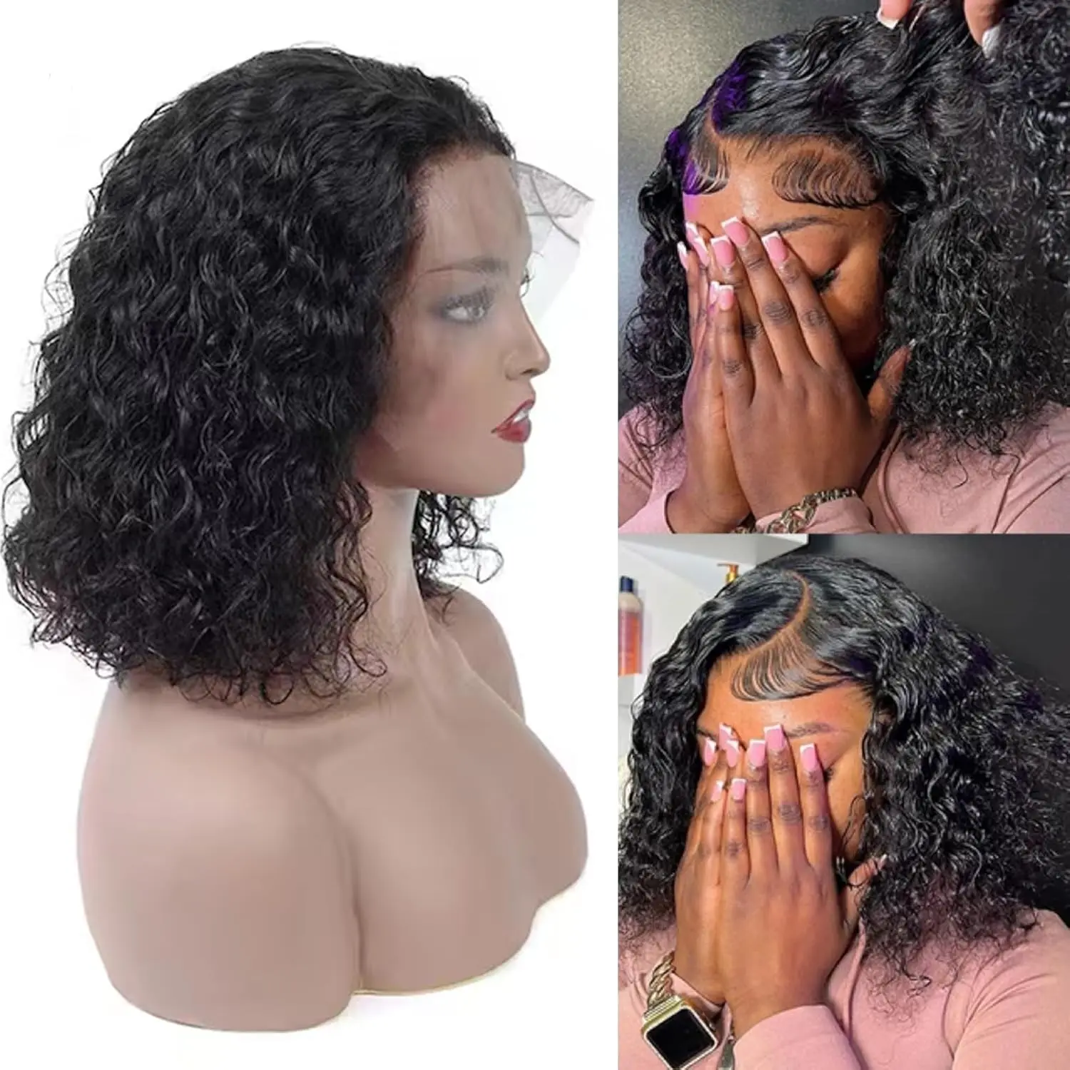 Bob Wig 200 Density Short Water Wave Wig Human Hair 13x4 Lace Frontal Human Hair Wigs Deep Wave Frontal 16 Inch Curly Bob Wig