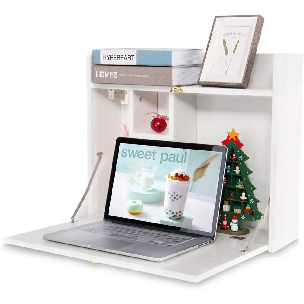 

Wall Mounted Table, Multiunctional old Down Wall Mounted Laptop Computer Desk with Storage Comparents or Home, Oice, Whit