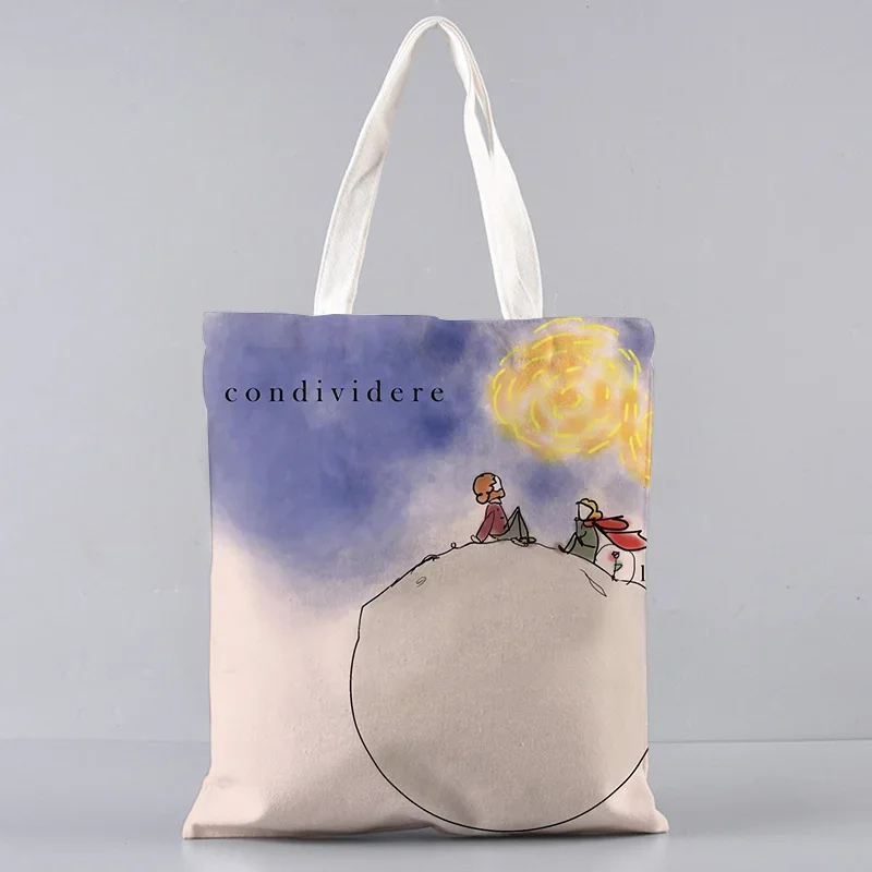 Woman Canvas Tote Le Petit Prince Printing Shopping Bag Hand Casual Reusable Shoulder Bag Large Capacity Foldable Handbag