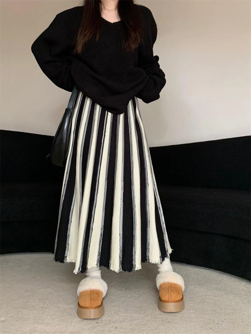 فستان نسائي مخطط بتصميم عتيق لخريف وشتاء 2025 فستان عالي الخصر على شكل حرف a ، فستان محبوك غير رسمي فضفاض وعصري