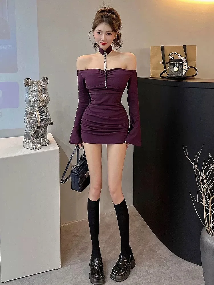 Rheinstone Korean Sweet Winter Dress Lady Elegant Halter Hanging Neck Dress Slash Collar Long Flare Sleeve Sexy Charming Dress