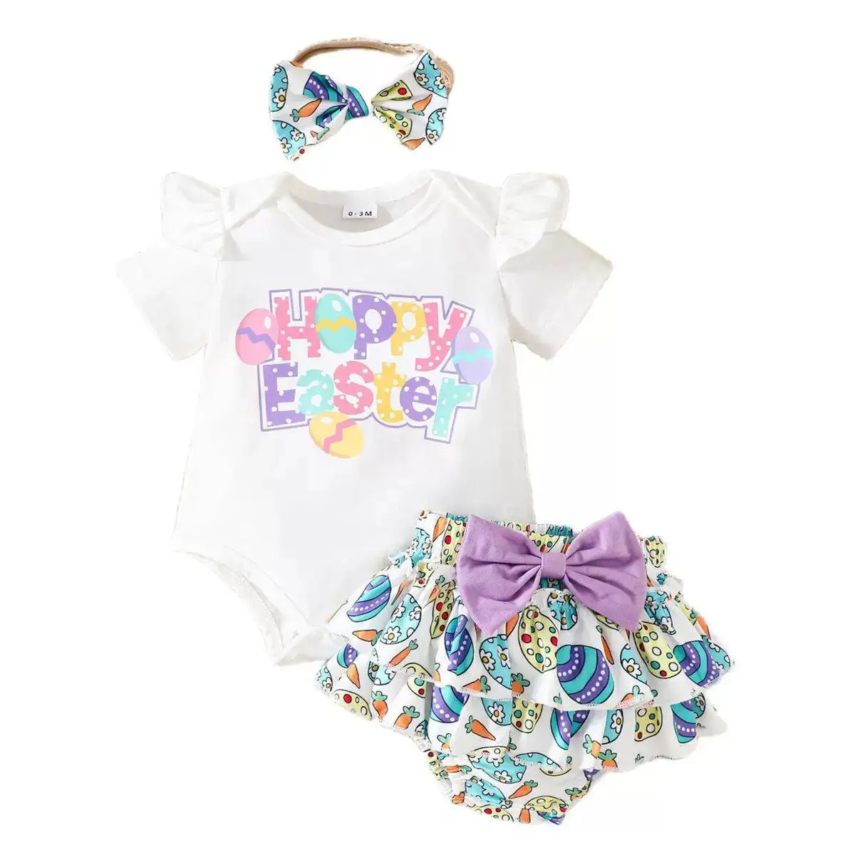

Hot selling Easter toddler girls short-sleeved Easter bunny egg Easter letter pattern printed short skirt baby onesie