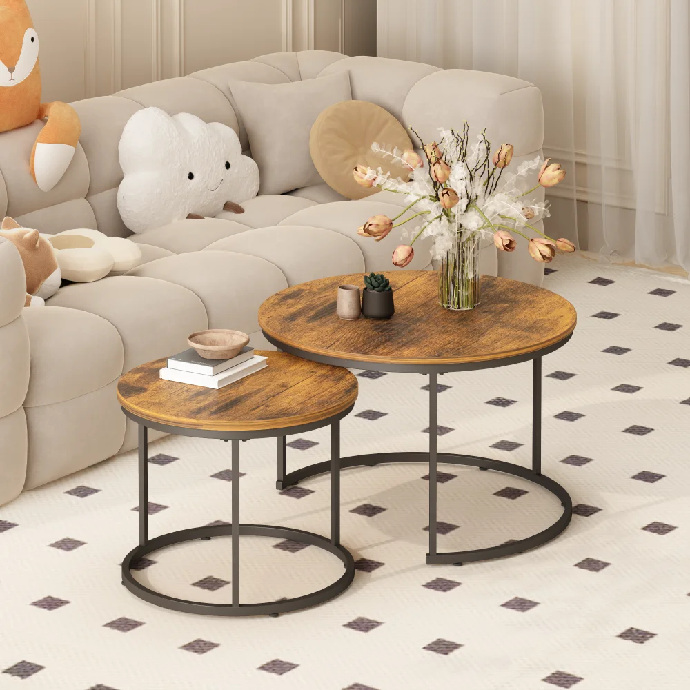 Nesting Coffee Table Set of 2, 27.6inch Round Coffee Table Industrial Wood Finish with Sturdy Metal Frame, End Table Side Tables