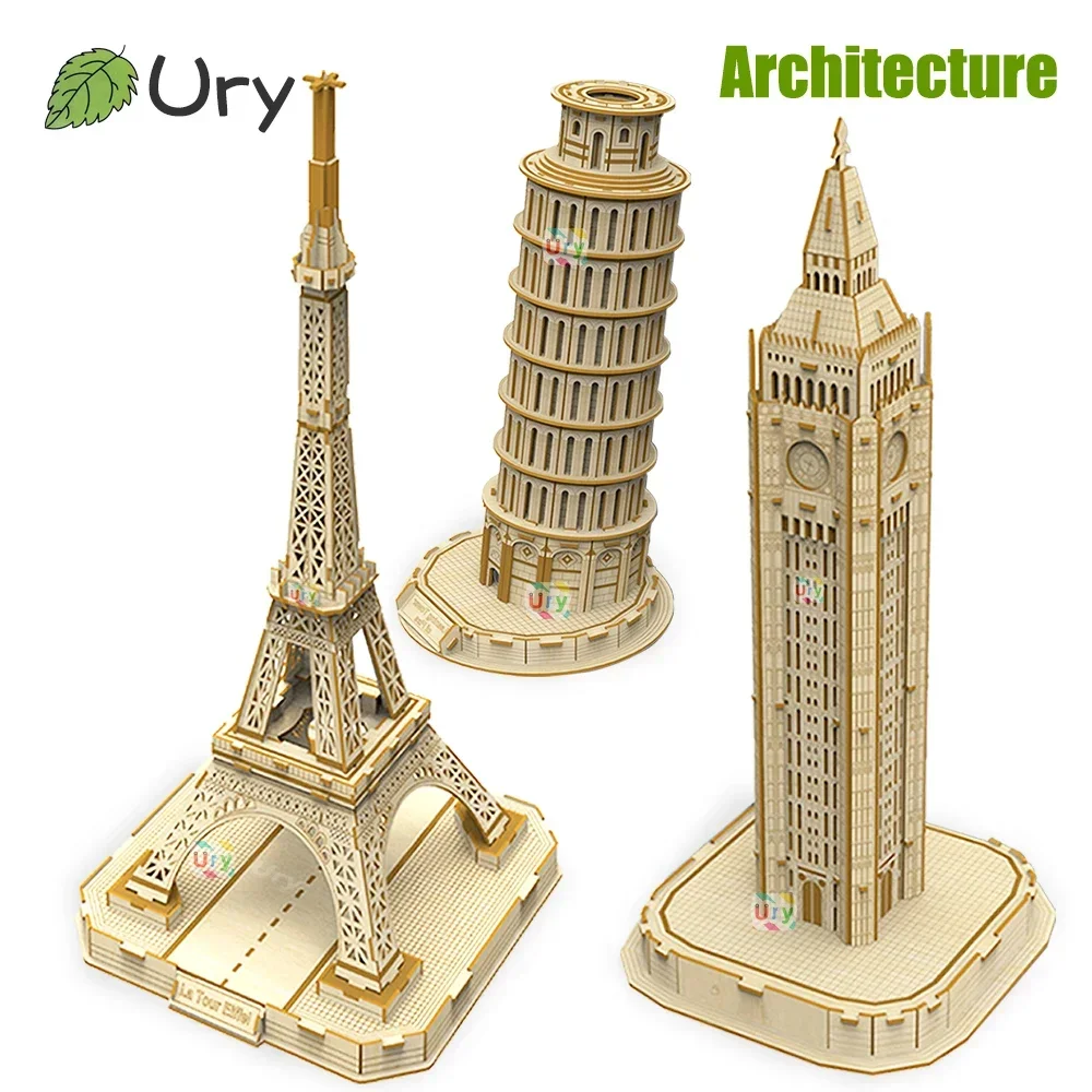 Ury 3D Wooden Puzzle Eiffel Tower Leaning of Pisa Empire State Building World Architecture Model DIY Kits Toys Decoration