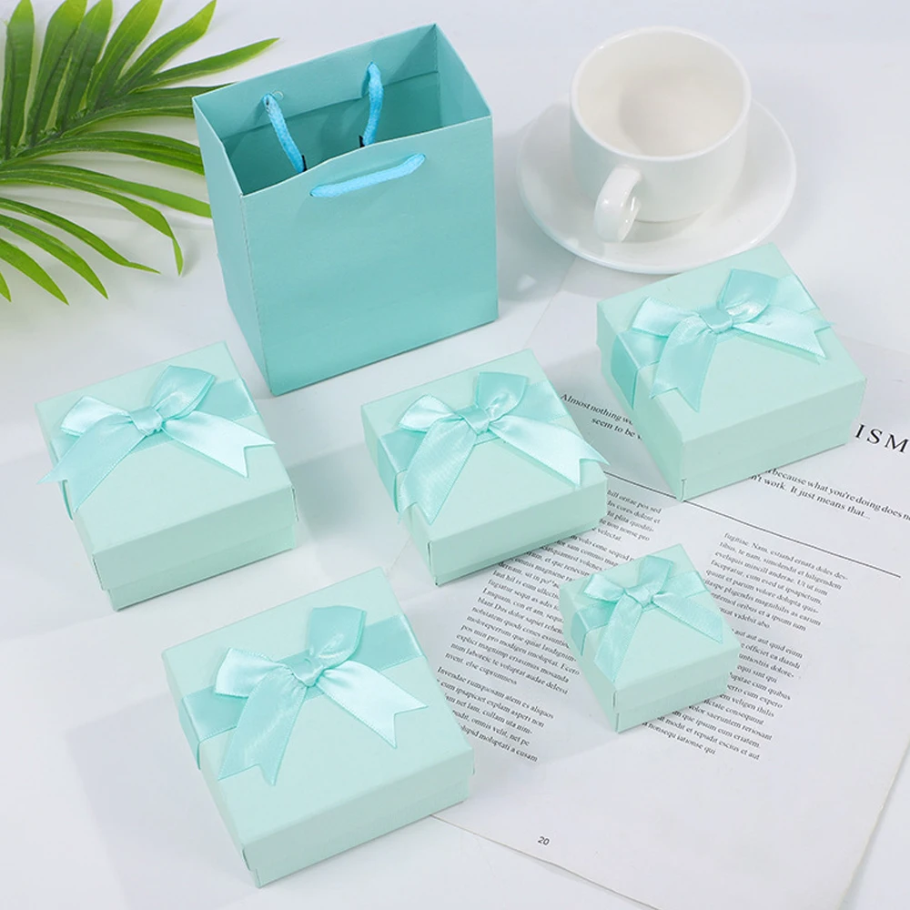 

24pcs GIft Jewelry Paper Box Handmade Light Green Cardboard Case with Bowknot Wedding Proposal Ring Earring Pendant Packaging