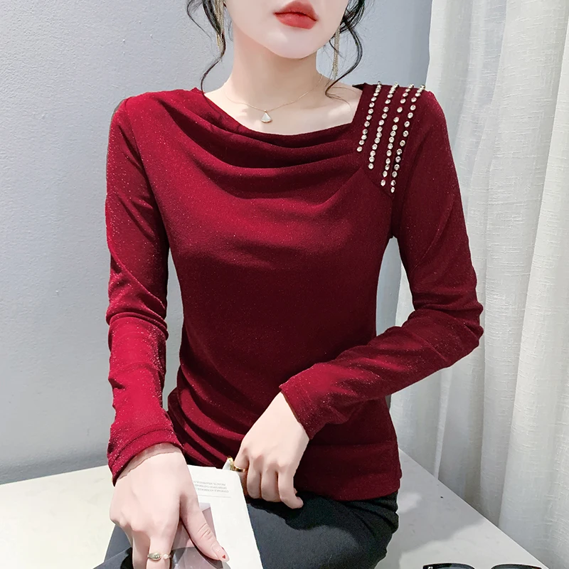 #7397 Black Red Long Sleeve T Shirt Women Skew Collar Diamonds Split Joint Stretch Mesh T Shirt Female Thin Streetwear Tshirt